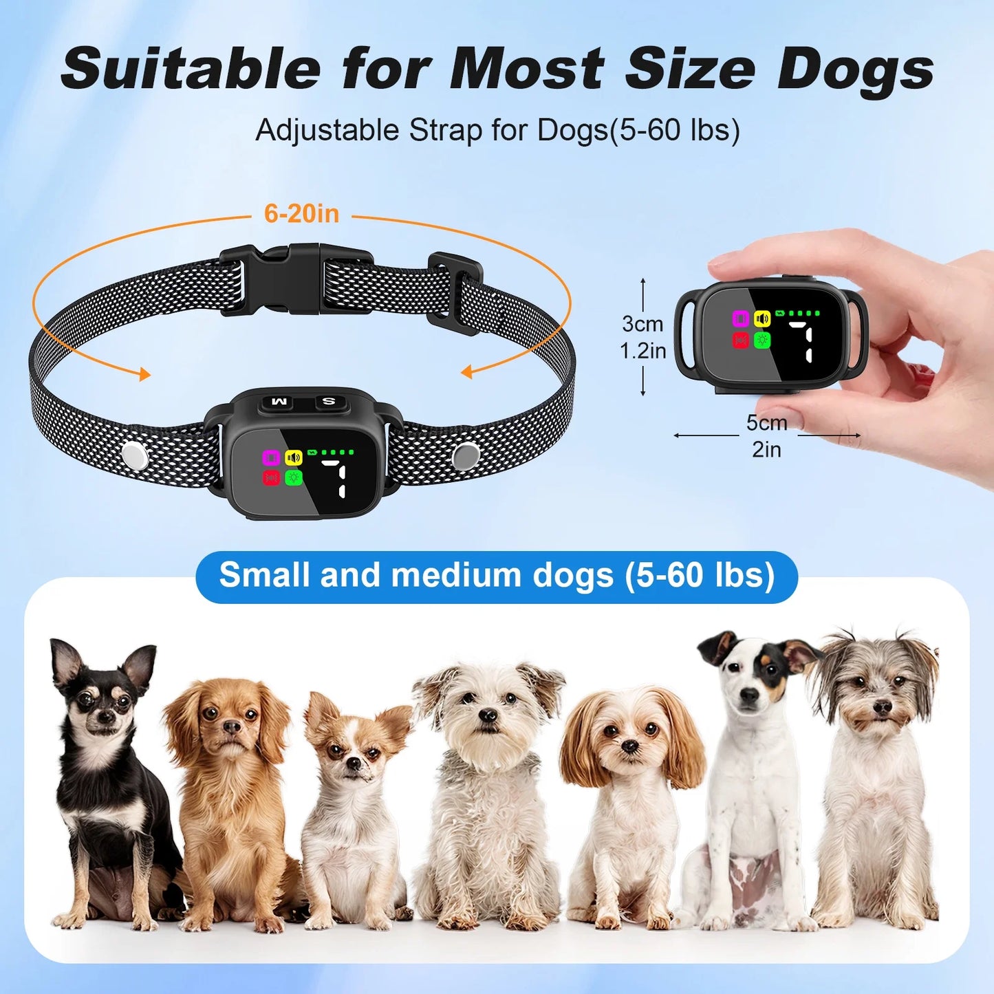 Anti-Bark Collar for Small Dogs, No Shock Bark Collar with Beep & Vibration, 1-7 Sensitivities Adjustable, Rechargeable Dog Barking Collar - Black