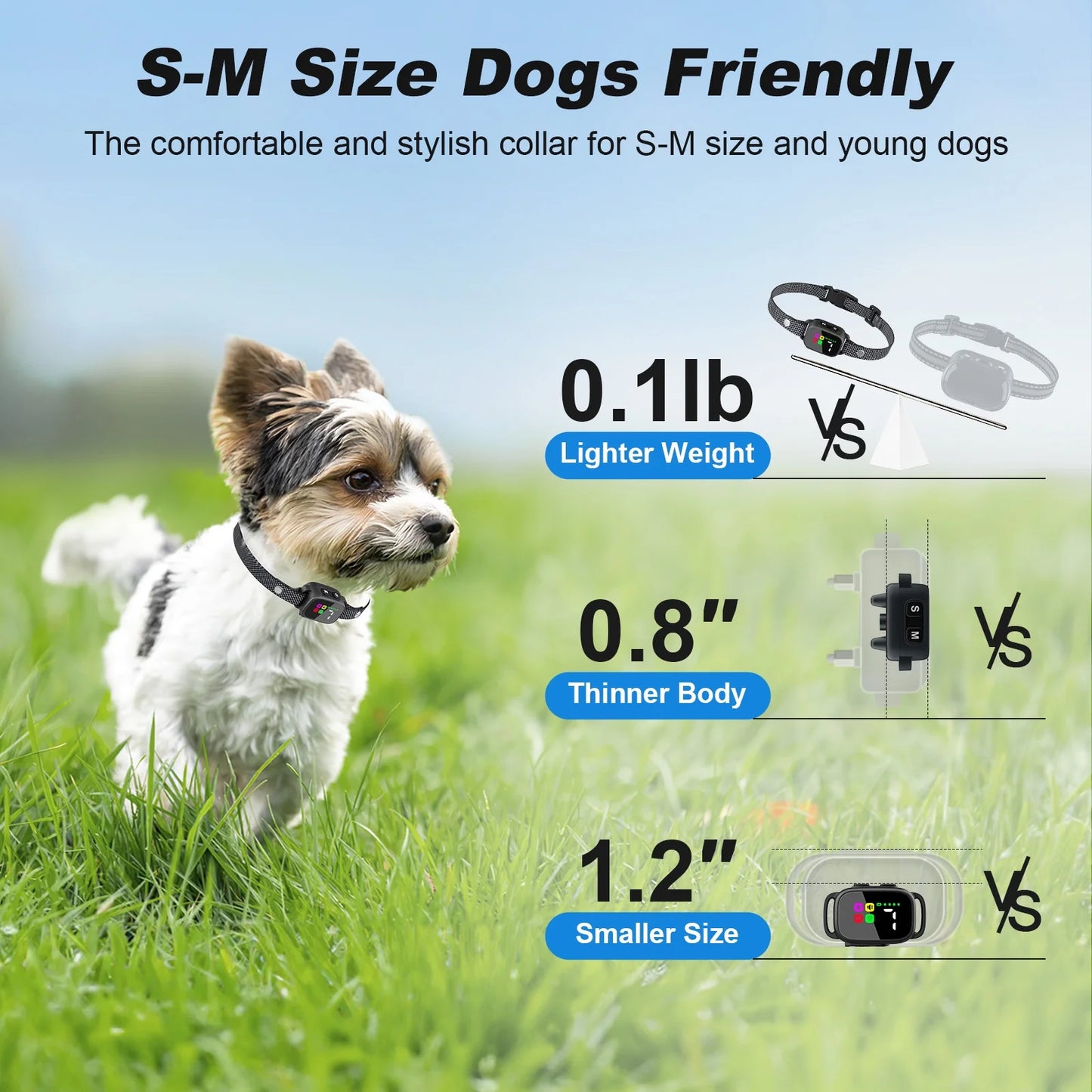 Anti-Bark Collar for Small Dogs, No Shock Bark Collar with Beep & Vibration, 1-7 Sensitivities Adjustable, Rechargeable Dog Barking Collar - Black