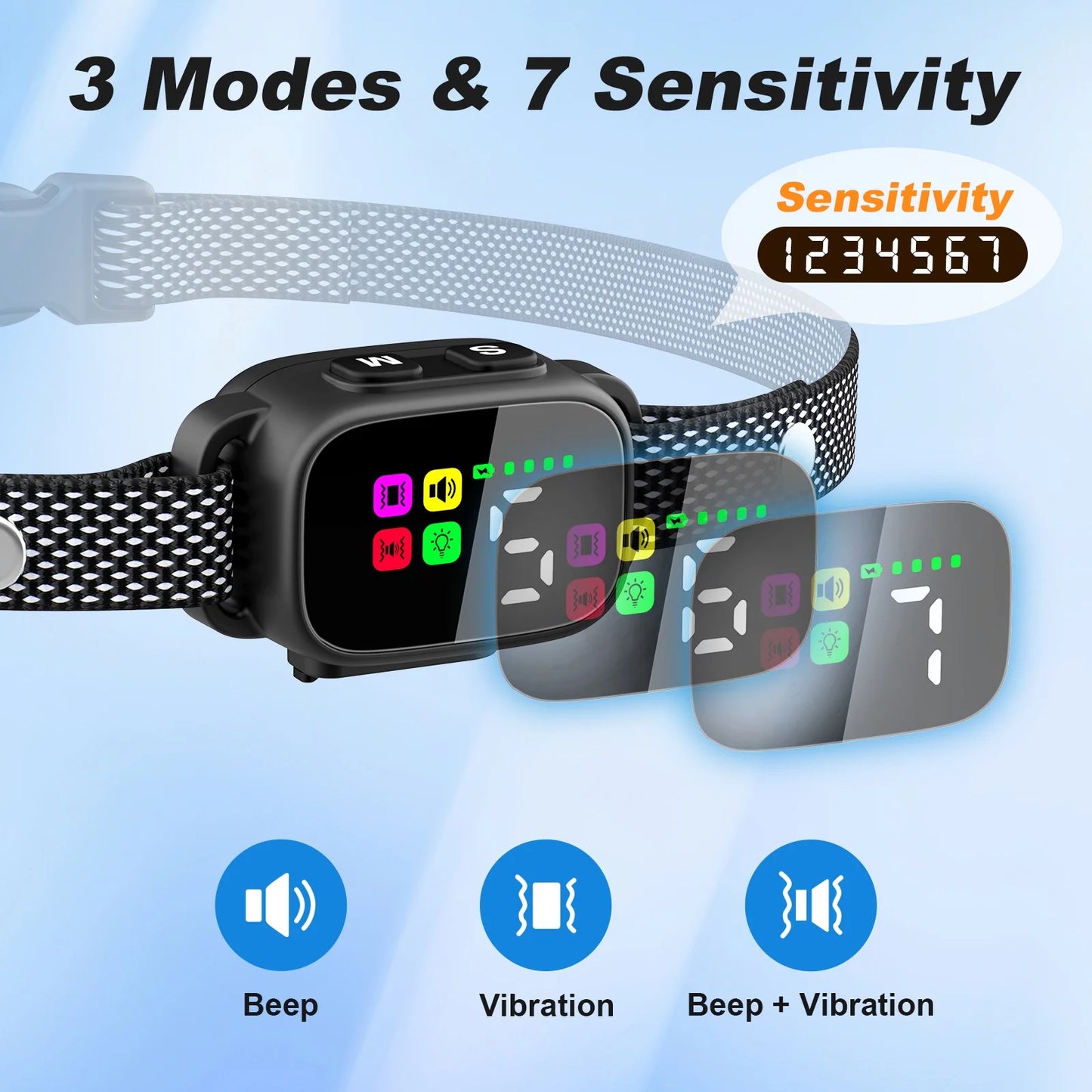 Anti-Bark Collar for Small Dogs, No Shock Bark Collar with Beep & Vibration, 1-7 Sensitivities Adjustable, Rechargeable Dog Barking Collar - Black